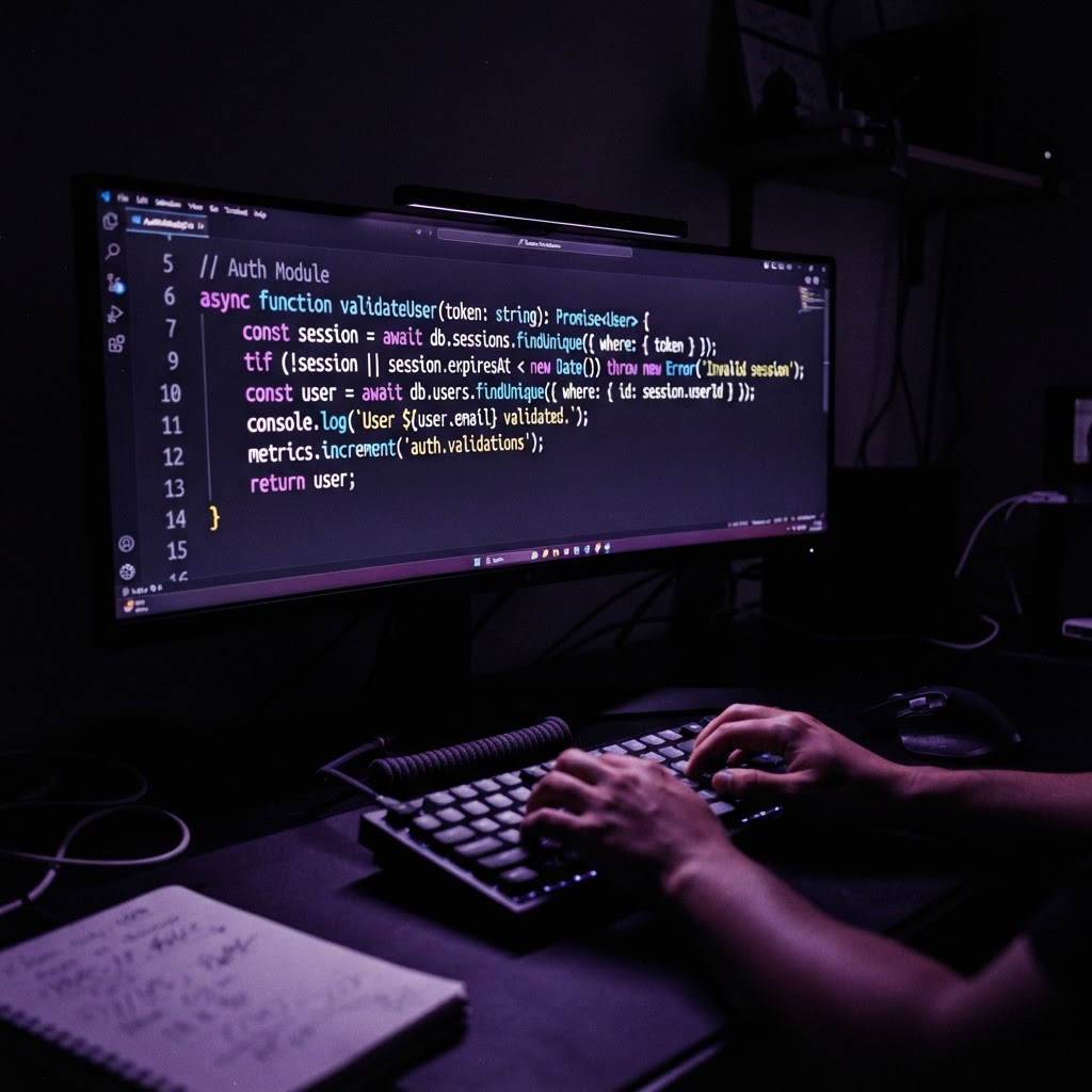 Glowing code editor on a monitor in a dark studio
